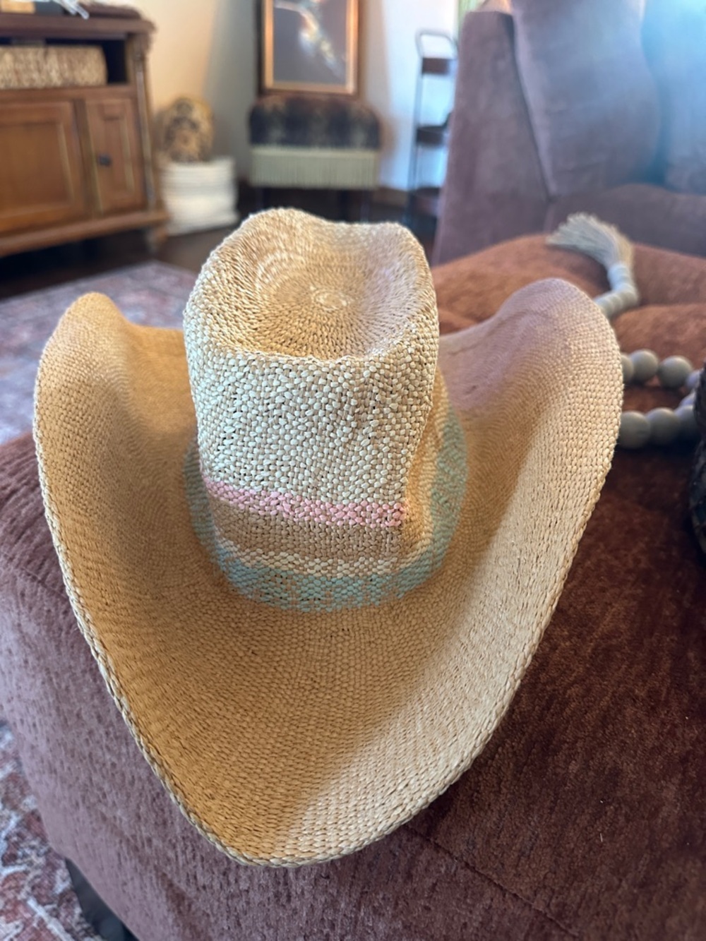 Universal Thread Woven Straw Cowboy Hat with Pink and Blue Accent - Picture 2 of 6